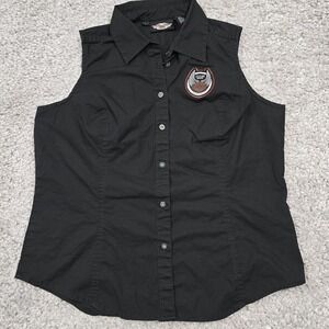 Harley Davidson Womens Sleeveless Button Up Shirt‎ Black Size Large Biker Moto